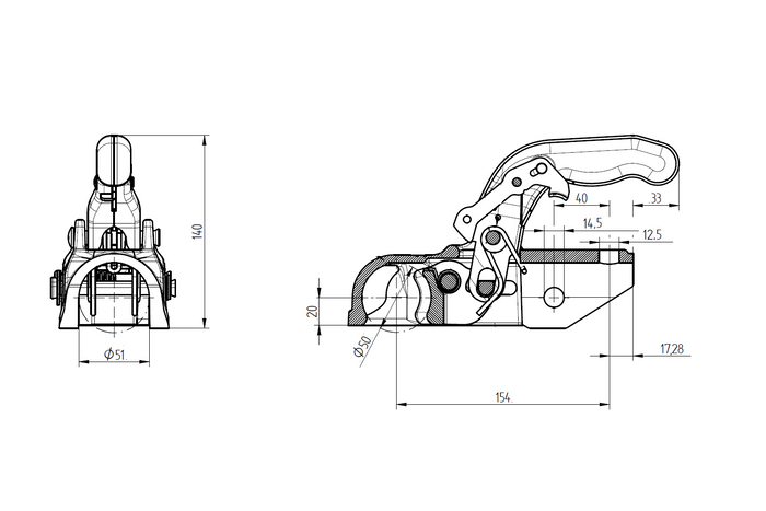 Zaczep kulowy KNOTT K35-A do przyczepy 3500kg z dyszlem rurowym 50mm żeliwny
