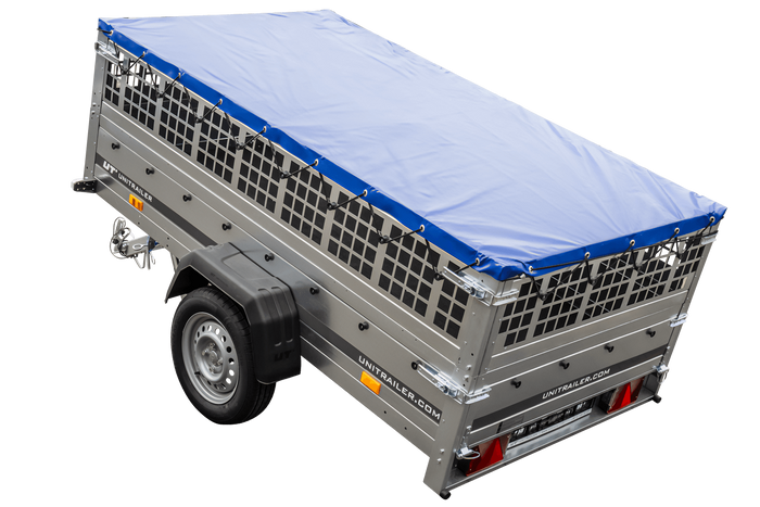 Przyczepka lekka 230x125 UNITRAILER GARDEN 230 KIPP z burtami siatkowymi i stelażem H-0 i pokrowcem niebieskim