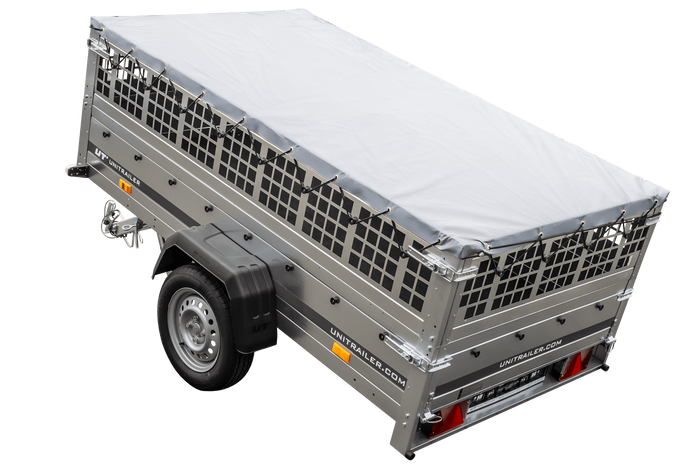 Przyczepka jednoosiowa 230x125 UNITRAILER GARDEN 230 KIPP z burtami siatkowymi, stelażem H-0 i pokrowcem szarym