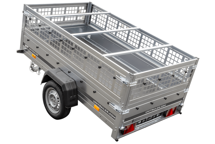 Przyczepka lekka 230x125 UNITRAILER GARDEN 230 KIPP z burtami siatkowymi i stelażem H-0 i pokrowcem niebieskim