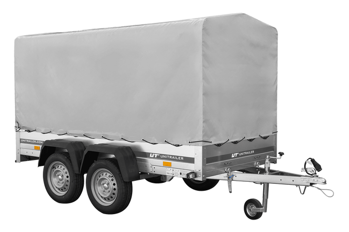 Przyczepka dwuosiowa 264x125 UNITRAILER GARDEN 264/2 KIPP ze stelażem H-1100 i plandeką szarą