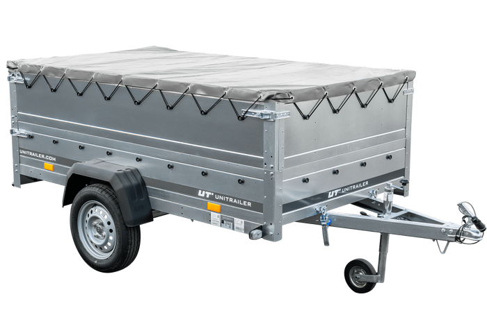 Przyczepka jednoosiowa 230x125 UNITRAILER GARDEN 230 KIPP z burtami BIS, stelażem H-0 i pokrowcem szarym