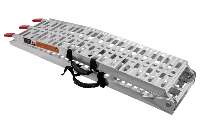 Najazdy składane UNITRAILER ALR003 rampy najazdowe aluminiowe do przyczepy lawety 221cm 680kg z pasem i podpórką komplet 2szt