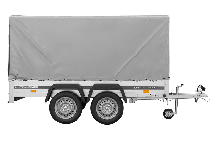 Przyczepka dwuosiowa 264x125 UNITRAILER GARDEN 264/2 KIPP ze stelażem H-1100 i plandeką szarą