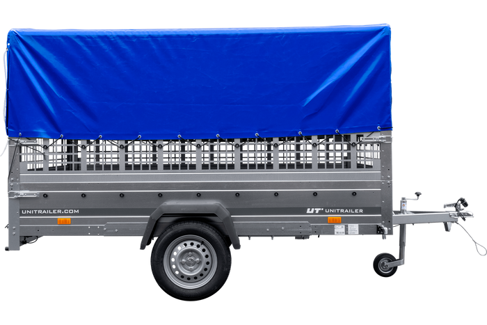 Przyczepka samochodowa 264x150 UNITRAILER GARDEN 265 KIPP z burtami siatkowymi, stelażem H-800 i pokrowcem niebieskim